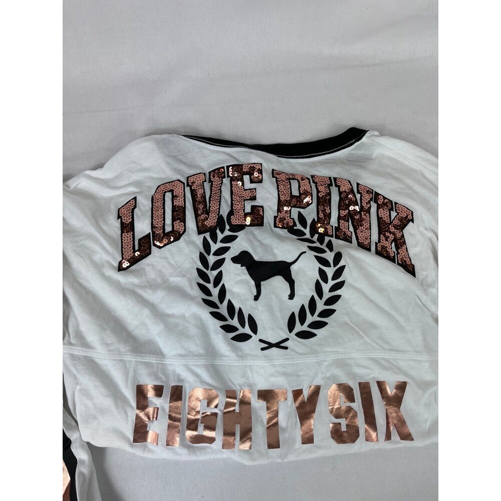 VS PINK Rare Rose Gold Sequin 86 Long Sleeve Tee - White Jersey